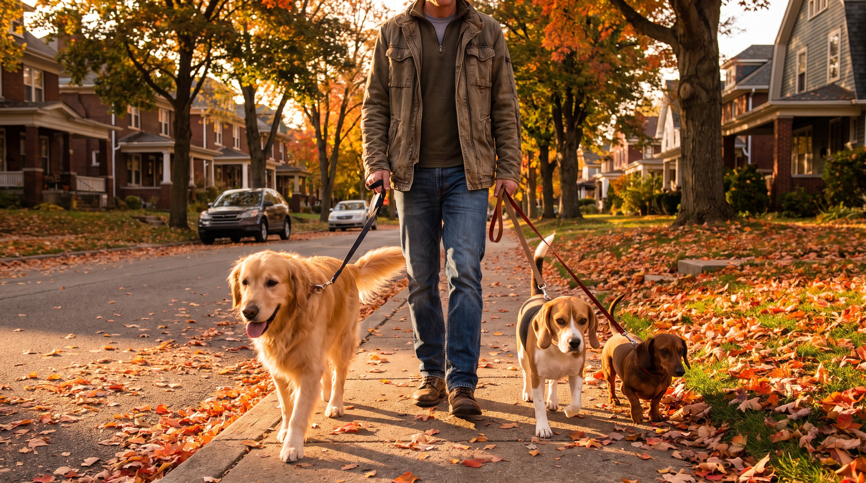 Three dogs of different sizes walking together on leashes with their walker in a Calgary residential street