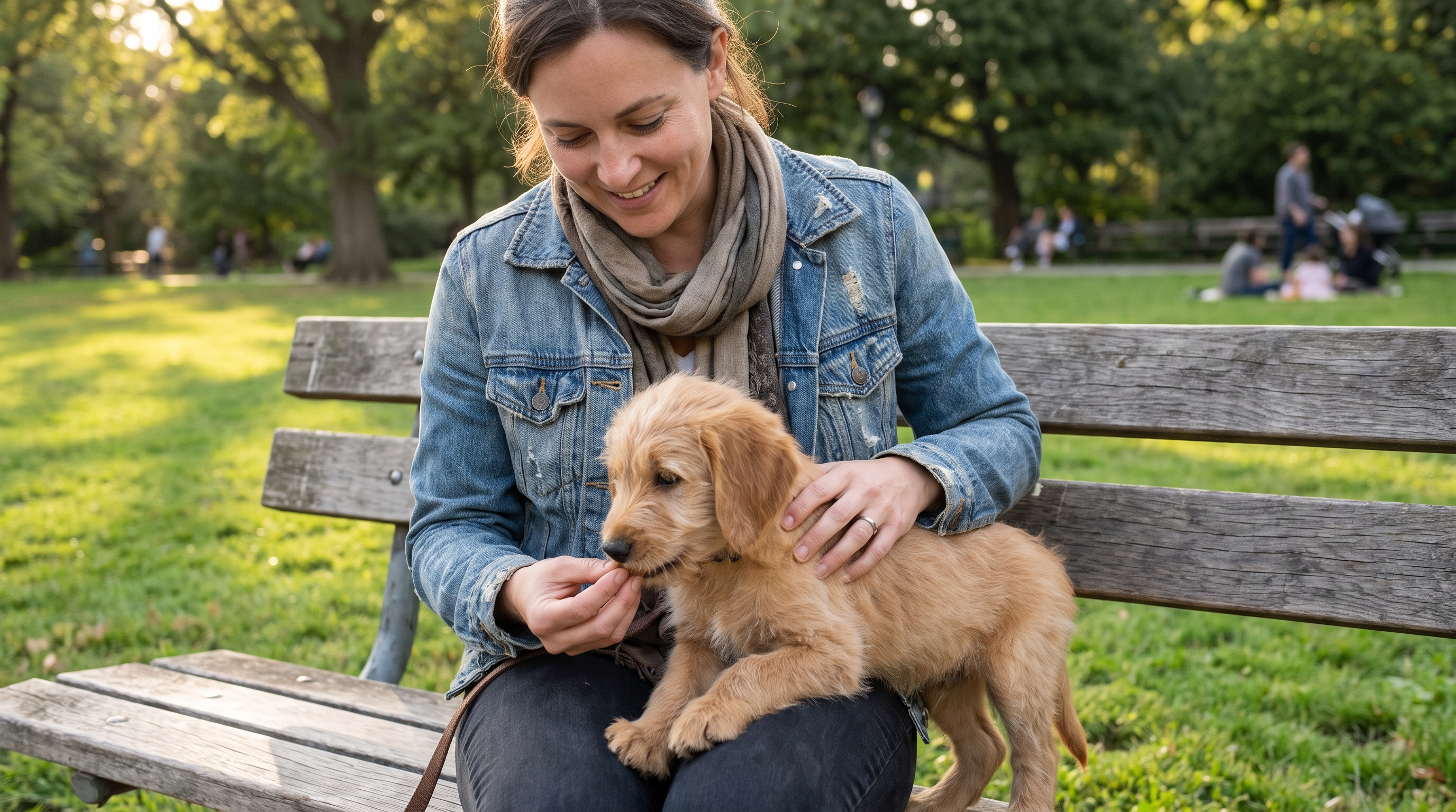 Training time — patient puppy work on a quiet park bench